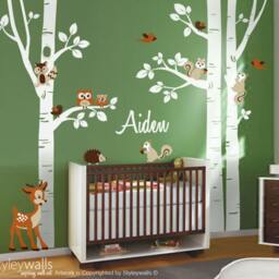 Birch Trees Sticker, Wall Decal, Forest Animals Bambi Squirrels Birds Owls Nursery Decor - thumbnail 3
