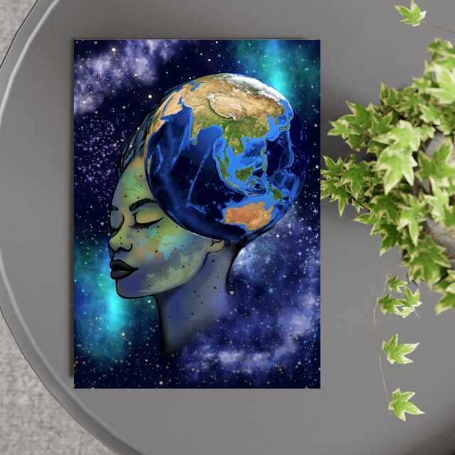 Galaxy Mother Earth Original Artwork, Quirky Wall Art, A4 Poster Print, Pagan, Celestial Wiccan - image 1