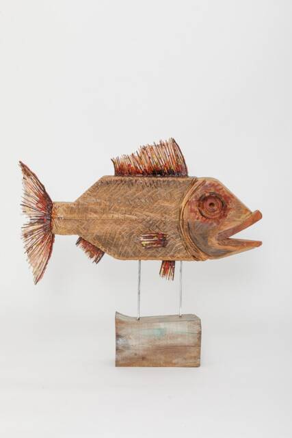 Hand-Carved Wooden Fish Sculpture - Reclaimed Wood Coastal Statement Art - image 1