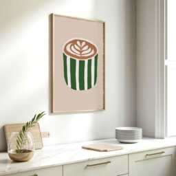 Minimal Coffee Print, Green Stripe Latte Cup, Neutral Kitchen Wall Art, Cafe Decor, Modern Farmhouse Station - thumbnail 3