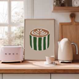 Minimal Coffee Print, Green Stripe Latte Cup, Neutral Kitchen Wall Art, Cafe Decor, Modern Farmhouse Station - thumbnail 1