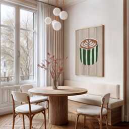 Minimal Coffee Print, Green Stripe Latte Cup, Neutral Kitchen Wall Art, Cafe Decor, Modern Farmhouse Station - thumbnail 2