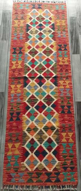Multicolour Runner Rug, Handmade Artisan Afghan Turkish Scandinavian Navajo Bohemian Flatweave Wool Kilim Rug 201x65 cm - image 1