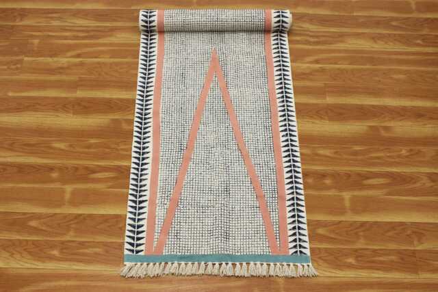 Handmade Block Printed Cotton Dhurrie Rug, Blue Pink, 3x7 Ft - image 1