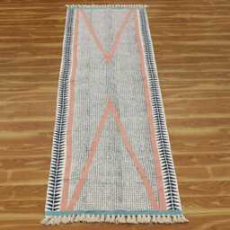 Handmade Block Printed Cotton Dhurrie Rug, Blue Pink, 3x7 Ft - thumbnail 3