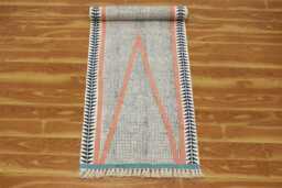 Handmade Block Printed Cotton Dhurrie Rug, Blue Pink, 3x7 Ft - thumbnail 1