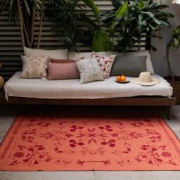 Coral Orange Hand Printed Flatwoven Cotton Kilim Rug - Coastal Home Kids Room Rugs 3x5 5x7 Bold Pop Color Trendy Decor Floral Design