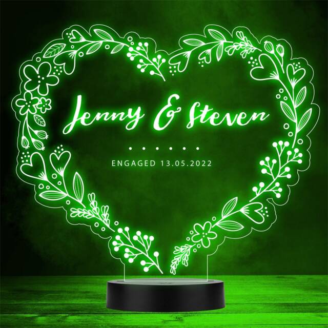 Leaves Heart Engagement Personalised Gift Colour Changing Night Light - image 1