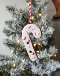 Adorable Candycane Sugar Cookie Christmas Tree Decoration - Handmade Polymer Clay Ornament, Cute Holiday Gift For - thumbnail 1