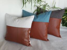 Cognac Faux Leather Pillow Cover Modern Rustic Linen Throw, Vegan - thumbnail 1