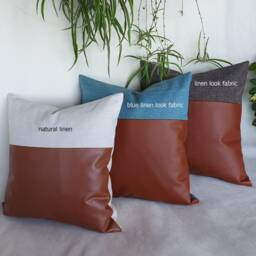 Cognac Faux Leather Pillow Cover Modern Rustic Linen Throw, Vegan - thumbnail 2