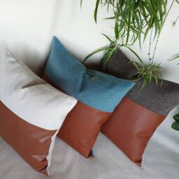 Cognac Faux Leather Pillow Cover Modern Rustic Linen Throw, Vegan - thumbnail 3