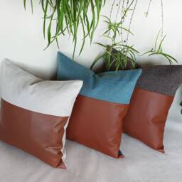 Cognac Faux Leather Pillow Cover Modern Rustic Linen Throw, Vegan - thumbnail 4