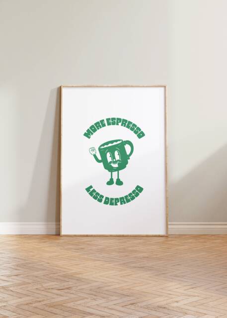 Retro Wall Art, More Espresso Less Depresso Poster, Print, Decor, Funny Quote Prints, Cartoon Kitchen Art - image 1