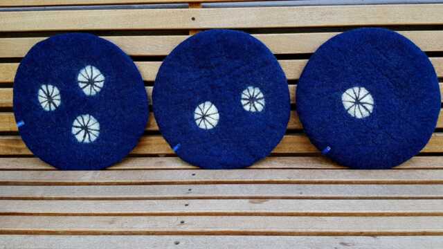 Handfelted Seat Cushion With White Wheels, Dark Blue - image 1