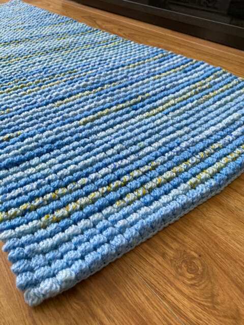 Crochet Rug For Kids Room, Blue Rectangle Handmade Washable - image 1