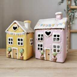 Pink Or Yellow Ceramic House Tealight Holder With Bunting - thumbnail 2