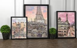 Paris Rooftops Watercolor Print Set Pink Sky Gallery Wall Art - thumbnail 1