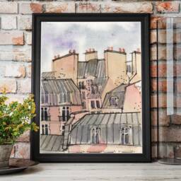 Paris Rooftops Watercolor Print Set Pink Sky Gallery Wall Art - thumbnail 3