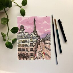 Paris Rooftops Watercolor Print Set Pink Sky Gallery Wall Art - thumbnail 2