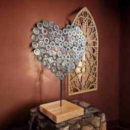 Brushed Steel Washer Heart Sculpture Handmade Metal Art With Oak Base - thumbnail 3