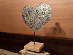 Brushed Steel Washer Heart Sculpture Handmade Metal Art With Oak Base