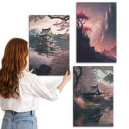 Canvas Set Of 3 - Fantasy Landscapes Japan Mountain Landscapes, Pink Print, Wall Decor - thumbnail 1