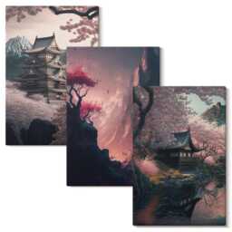 Canvas Set Of 3 - Fantasy Landscapes Japan Mountain Landscapes, Pink Print, Wall Decor - thumbnail 2