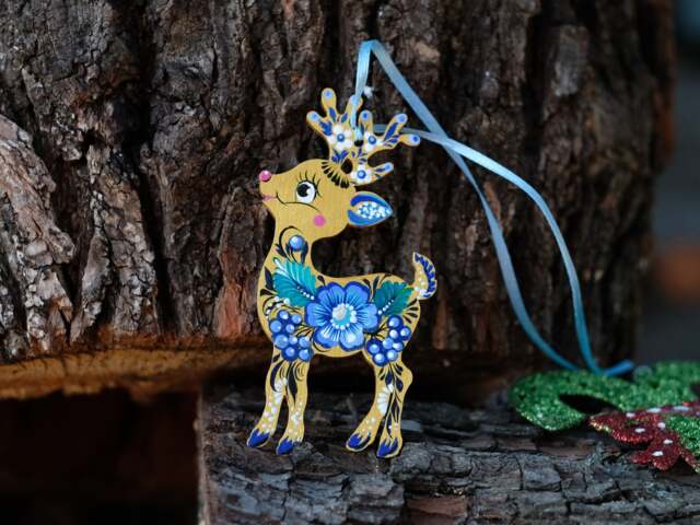 Deer Christmas Ornament, Ukrainian Decoration, Wooden Reindeer, Painted Silhouette Unique Animal Ornament - image 1
