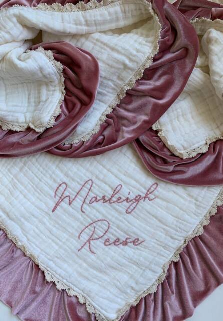 Lace 6 Layer Muslin Velvet Trim Lovey Blanket With Personalized Hand Embroidered Name ~ Custom Baby Gift ~Nursery Decor ~Heirloom - image 1