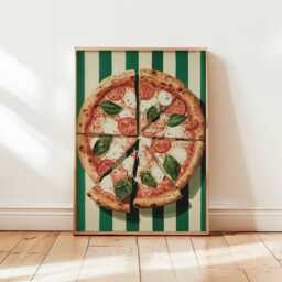 Pizza Poster, Italian Food Print, Kitchen Wall Art, Margherita Decor Green Striped Lover Gift Poster - thumbnail 1