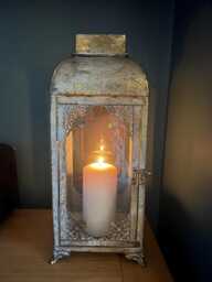 Ornate Gold Patina & Glass Candle Lantern - Antique Metal Moroccan - thumbnail 1