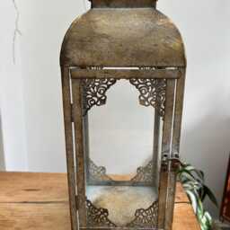 Ornate Gold Patina & Glass Candle Lantern - Antique Metal Moroccan - thumbnail 2