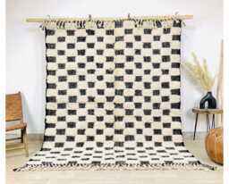 Black & Cream Checkerboard Moroccan Rug - Handmade Beni Ourain Wool Shag Carpet