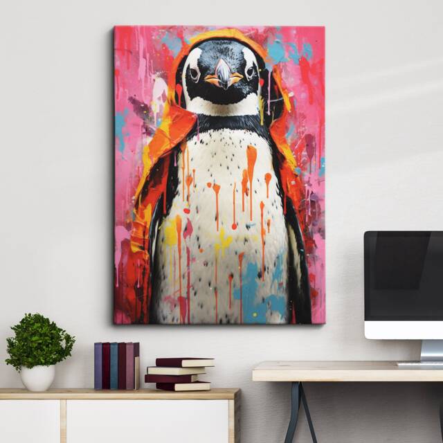 Penguin Colour Spash Animal Abstract Oil Painting Splatter Style Wall Art, Framed Canvas Poster Print, Home Kitchen Office Room Decor