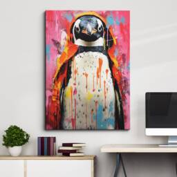 Penguin Colour Spash Animal Abstract Oil Painting Splatter Style Wall Art, Framed Canvas Poster Print, Home Kitchen Office Room Decor - thumbnail 1