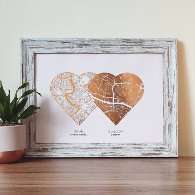 A4 Any Two Locations Metallic Heart Map Print, Custom Multi Location Foil Personalised Print in Copper, Gold, Silver Or Rose Gold - image 1