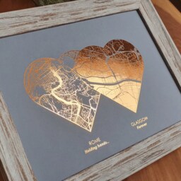 A4 Any Two Locations Metallic Heart Map Print, Custom Multi Location Foil Personalised Print in Copper, Gold, Silver Or Rose Gold - thumbnail 3