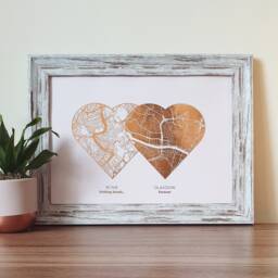 A4 Any Two Locations Metallic Heart Map Print, Custom Multi Location Foil Personalised Print in Copper, Gold, Silver Or Rose Gold - thumbnail 1