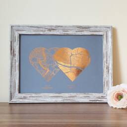 A4 Any Two Locations Metallic Heart Map Print, Custom Multi Location Foil Personalised Print in Copper, Gold, Silver Or Rose Gold - thumbnail 2