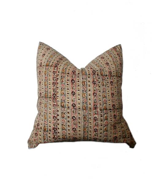 Floral Indian Block Print Pillow Cover Vintage Tan Beige Cotton - image 1