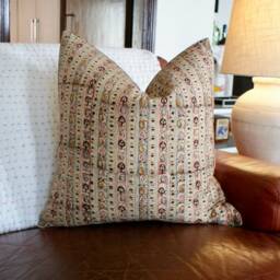 Floral Indian Block Print Pillow Cover Vintage Tan Beige Cotton - thumbnail 4