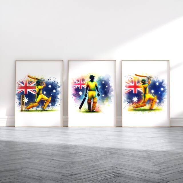 Cricket Print Set - Australia Flag Watercolour Poster Prints - Wall Art Gift For Cricketer Artwork Boys Room - image 1