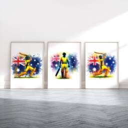 Cricket Print Set - Australia Flag Watercolour Poster Prints - Wall Art Gift For Cricketer Artwork Boys Room - thumbnail 1