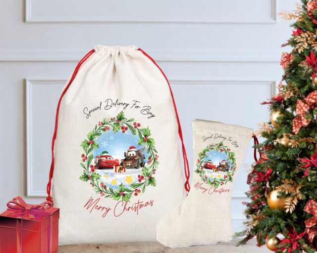 Personalised Cars Christmas Sack/stocking, Santa Sack, Eve, Eve Box, Lightning Mcqueen, Mater, Gift - image 1
