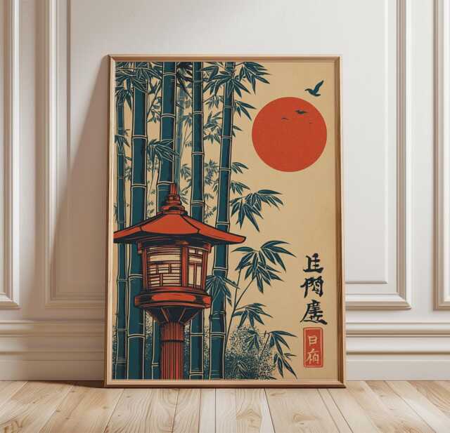 Japanese Lantern Bamboo Poster Print - Red Sun Ukiyo-E Style Art Zen Oriental Wall Decor - image 1