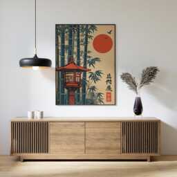 Japanese Lantern Bamboo Poster Print - Red Sun Ukiyo-E Style Art Zen Oriental Wall Decor - thumbnail 3