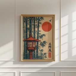 Japanese Lantern Bamboo Poster Print - Red Sun Ukiyo-E Style Art Zen Oriental Wall Decor - thumbnail 4