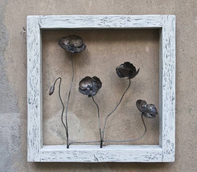 Poppies Wall Sculpture, Metal Flowers in Wood Frame, By The Steel Style Things, 6Th Iron Anniversary - image 1