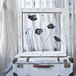 Poppies Wall Sculpture, Metal Flowers in Wood Frame, By The Steel Style Things, 6Th Iron Anniversary - thumbnail 3